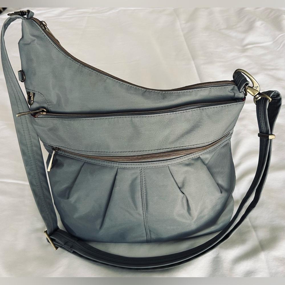 Travelon Anti-Theft Signature 3-Compartment Gray Nylon Crossbody Bag